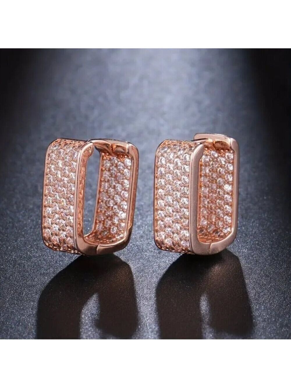 Rectangular Zircon Hoops Rose Gold Tone with Lots of Bling #1418